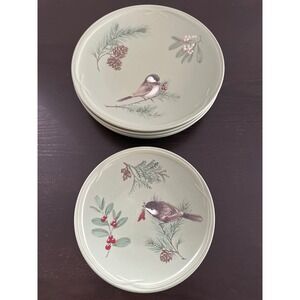 Pfaltzgraff Winterwood 4 Dinner 4 Salad Plates Chickadee Pinecone Holly Holiday